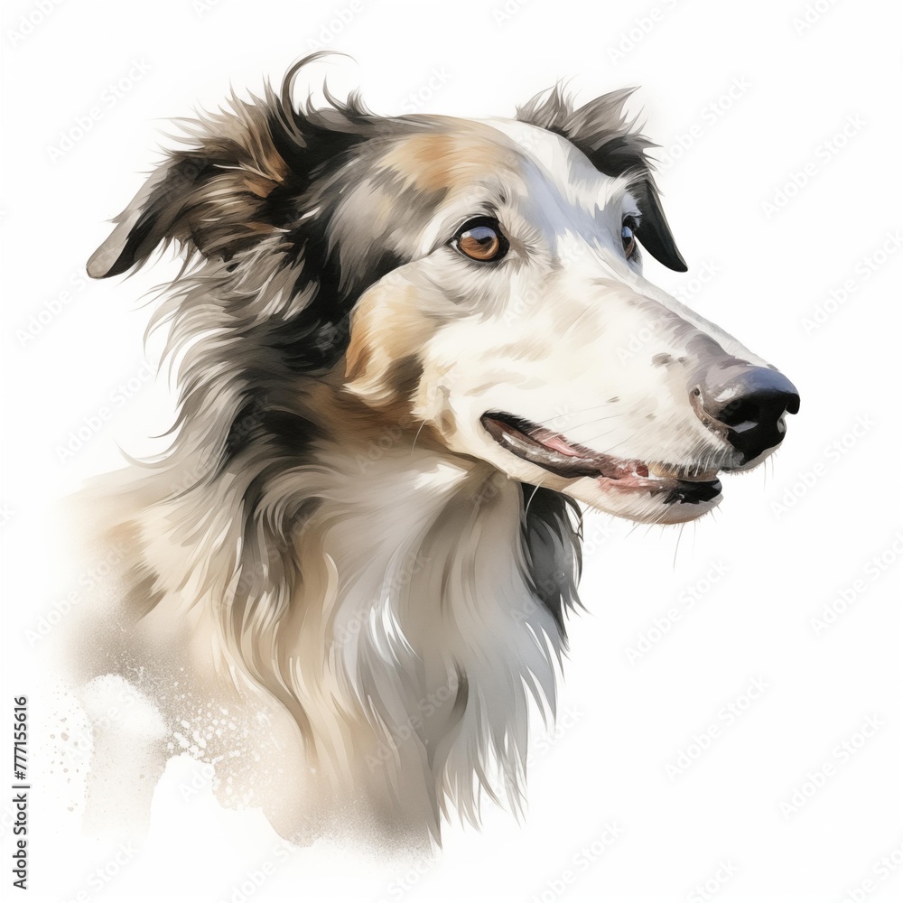 Fototapeta premium Borzoi dog. Russian hunting sighthound dog clipart. Watercolor illustration. Generative AI. Detailed illustration.