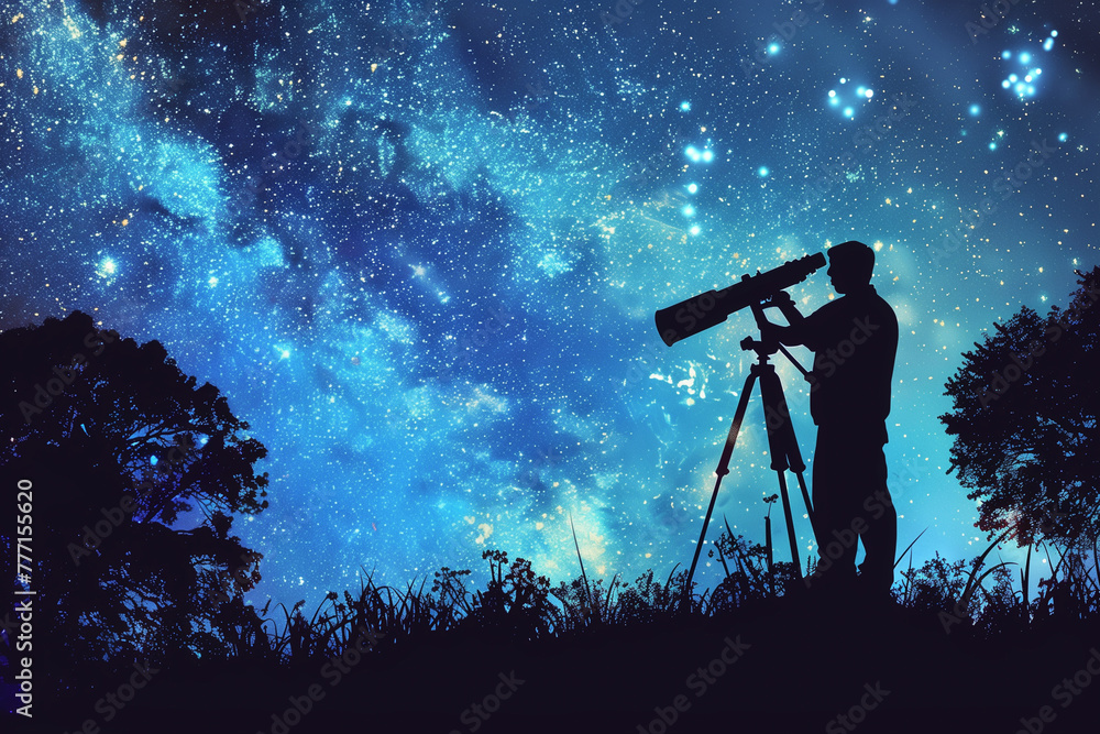 A silhouette of man with an astronomical telescope looks at the stars. The human with telescope and the starry sky, night sky, the Milky Way galaxy A silhouette of man with an astronomical telescope looks at the stars. The human with telescope and the starry sky, night sky, the Milky Way galaxy