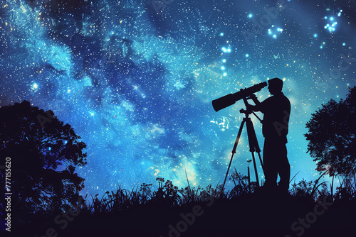 A silhouette of man with an astronomical telescope looks at the stars. The human with telescope and the starry sky, night sky, the Milky Way galaxy © Olivia