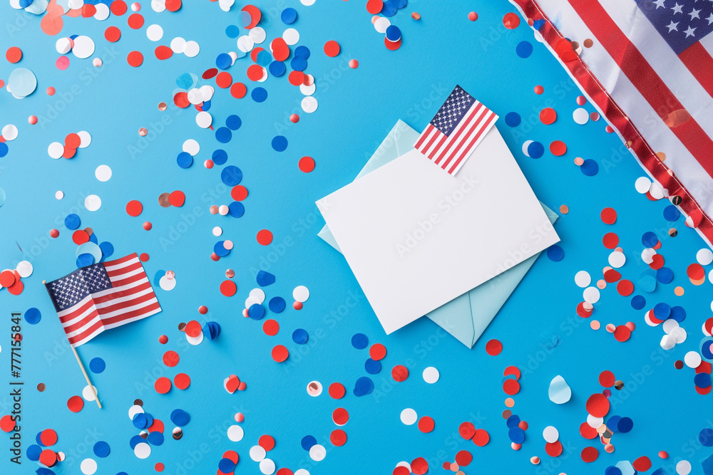 Obraz premium A bright and cheerful flat lay composition featuring a blank greeting card ready for a 4th of July message