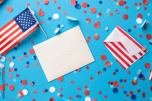 A bright and cheerful flat lay composition featuring a blank greeting card ready for a 4th of July message