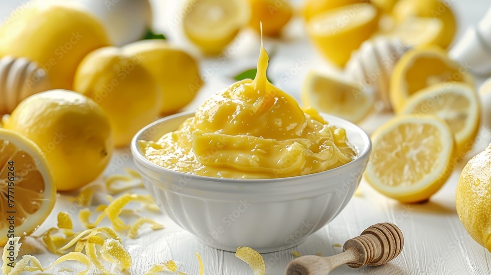 Bowl of freshly made lemon curd surrounded by whole and sliced lemons and zest Bowl of freshly made lemon curd surrounded by whole and sliced lemons and zest