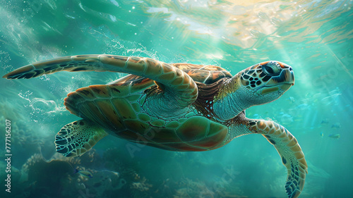 Endangered sea turtle swimming gracefully in the turquoise waters.