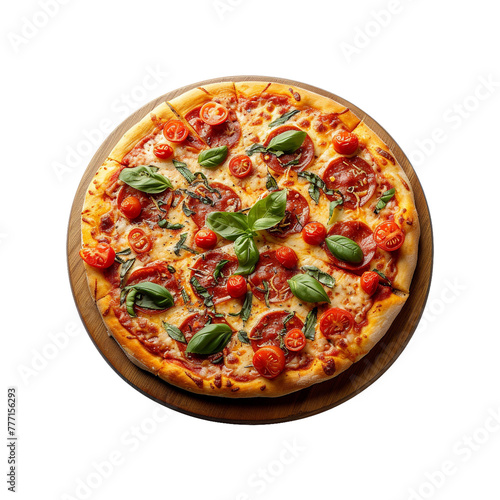 Pizza on wooden board top view on transparent background