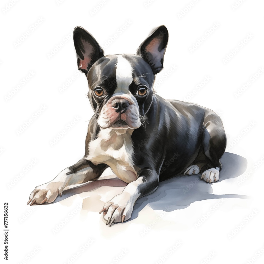 Boston terrier dog. Boston bull terrier clipart. Watercolor illustration. Generative AI. Detailed illustration.