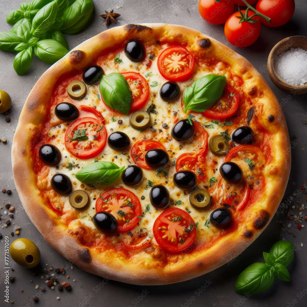 Pizza with olives. tomatoes and basil Pizza with olives. tomatoes and basil