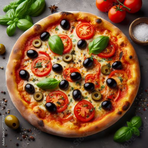 Pizza with olives. tomatoes and basil