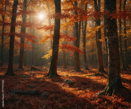 An autumn forest bathed in sunlight. The tall trees, adorned with vibrant red and orange leaves, stand on a carpet of fallen leaves. The scene, devoid of any human or animal presence, tranquility.