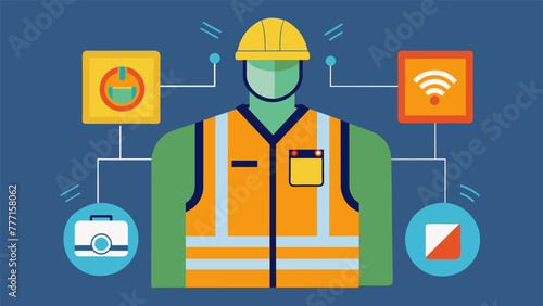 A detailed view of an ARenabled safety vest equipped with sensors to detect potential hazards and notify the wearer through visual and audio