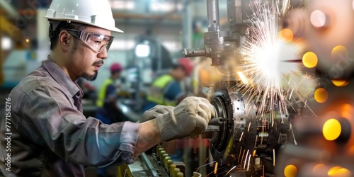 A factory worker in safety gear operates an industrial machine, Manufacturing process, Industrial concept