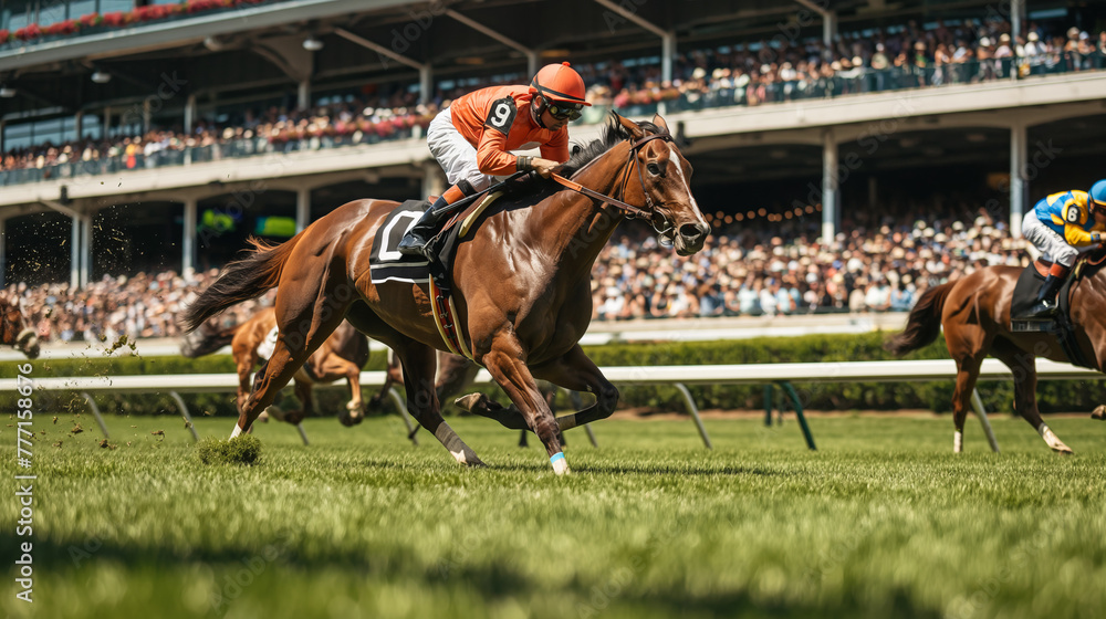 A horse race is in progress with a jockey in an orange helmet and number 9 on his back - obrazy, fototapety, plakaty 