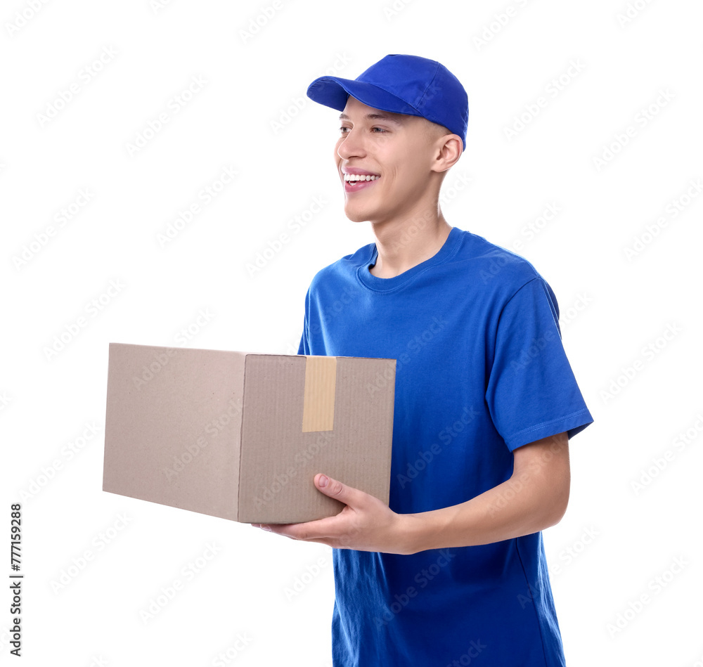 Happy courier with parcel on white background Happy courier with parcel on white background