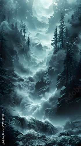 A stormy sky above a forest waterfall  with wind waves in the atmosphere