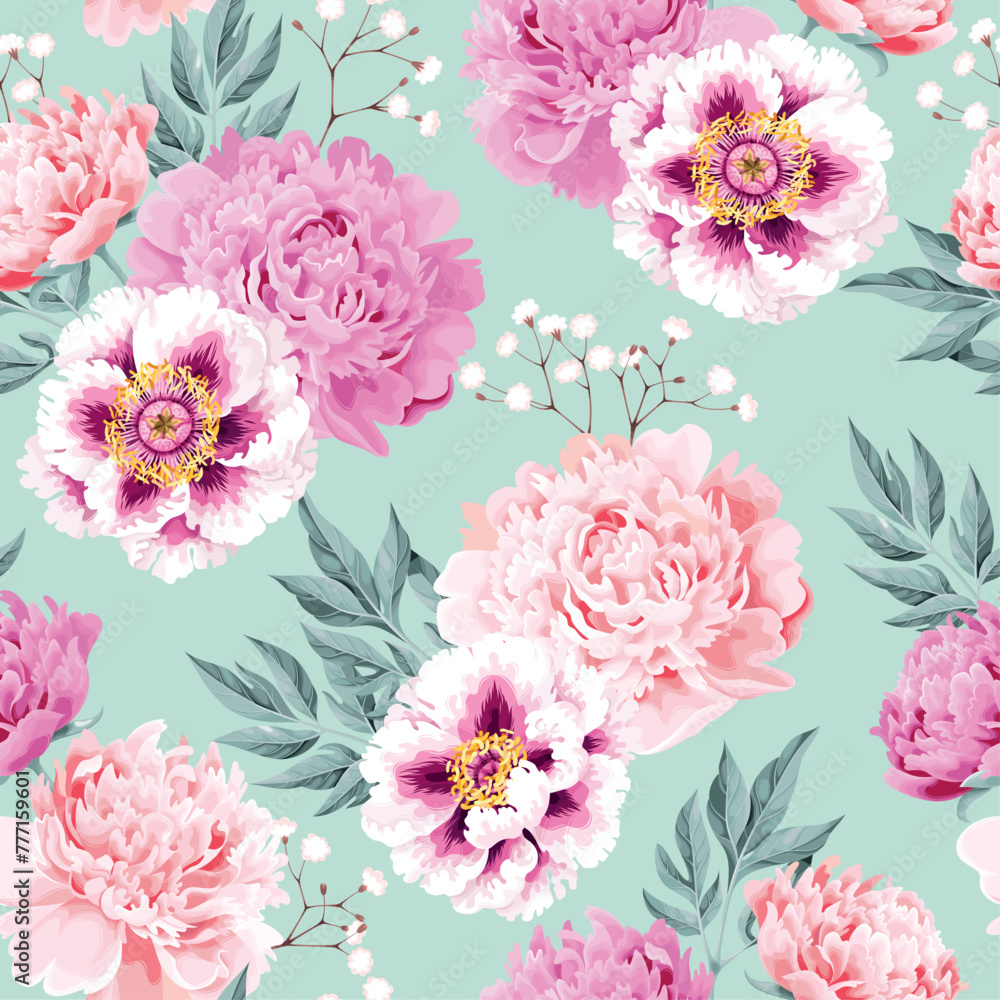 Pink and white peonies seamless background