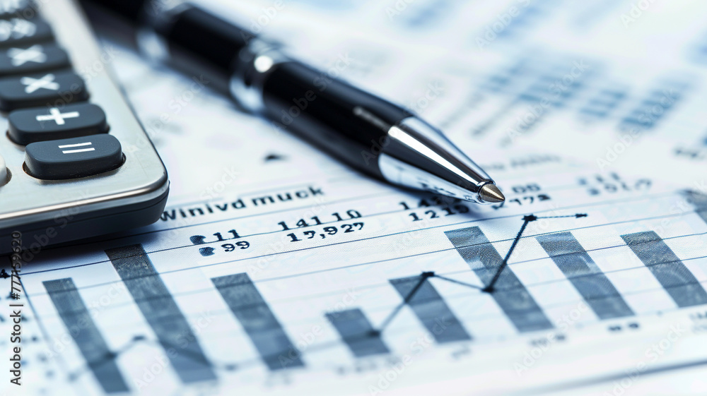 A pen and calculator on top of financial statement sheets. A pen and calculator on top of financial statement sheets.