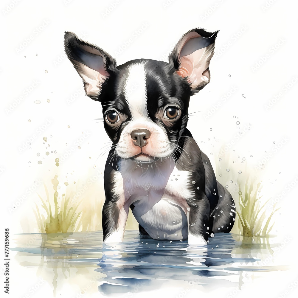 Boston terrier dog. Boston bull terrier dog. Puppy clipart. Watercolor illustration. Generative AI. Detailed illustration.