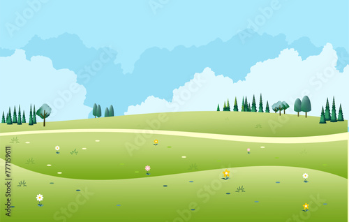 Green field with beautiful clouds on background