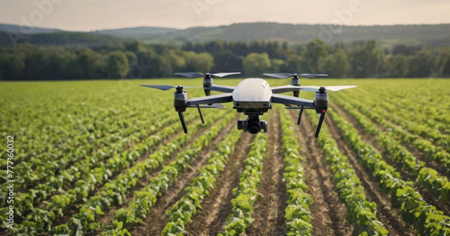 A drone in mid-flight with its propellers spinning. It’s flying over an agricultural field where crops are beginning to sprout; the field is organized in neat rows.