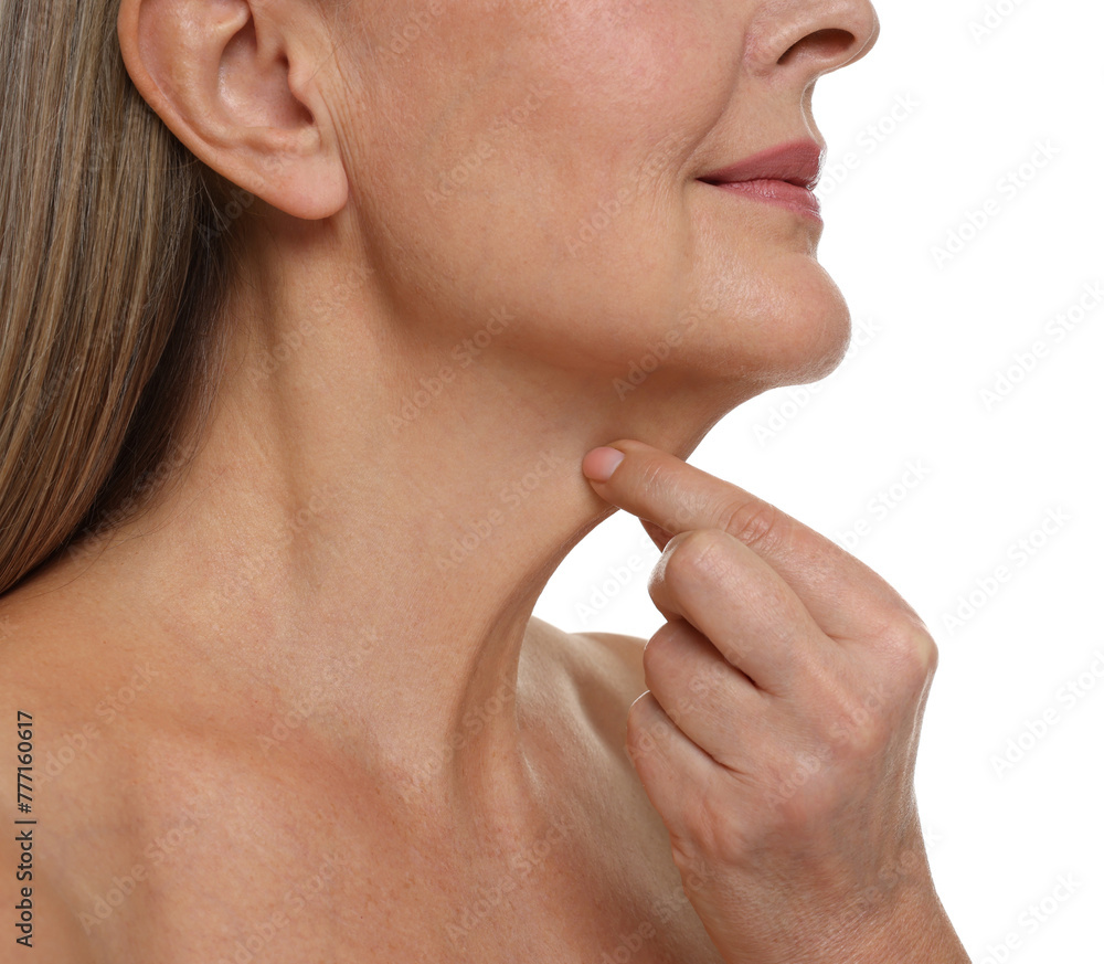 Mature woman touching her neck on white background, closeup Mature woman touching her neck on white background, closeup