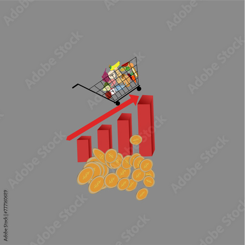 Rising food cost and grocer prices surging costs of supermarket groceries  as an inflation financial crisis, vector illustration