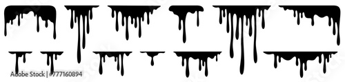 Dripping stain. Silhouette drip oil, black melting paint liquid, ink drop. Border melted sweet dessert, ice cream, sauce. Splash, splatter elements isolated. Vector set