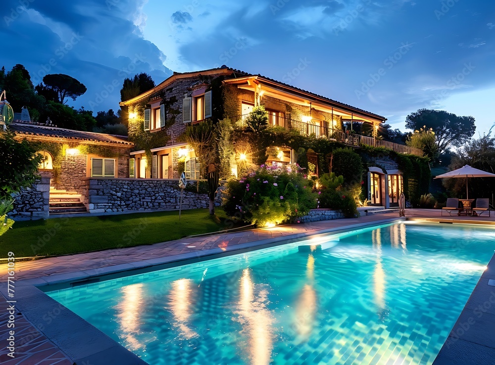 Beautiful house with large pool and lights at night, luxury mansion in the style of garden of villa or bungalow on hillside with blue sky background, real estate concept