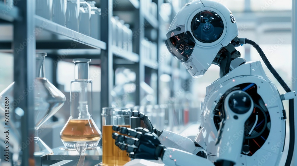 Fototapeta premium Futuristic robot analyzing laboratory glassware in high-tech scientific research facility, robot helps in scientific research
