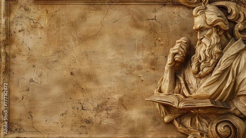 face of a thinker carved in the wall, copy space of a text, for philosophy quotes