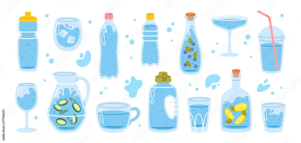 Cartoon water bottles. Flat drink dishes. Glass bottle, jug, sport flask, eco glasses, mug, jar, cup for drinking water. Zero waste, eco product. Drink water. Vector set Cartoon water bottles. Flat drink dishes. Glass bottle, jug, sport flask, eco glasses, mug, jar, cup for drinking water. Zero waste, eco product. Drink water. Vector set
