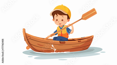 Cartoon little boy rowing a boat flat vector isolated