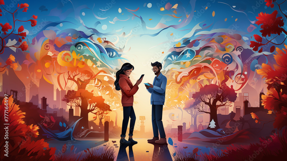 Illustration of man and woman using mobile phone communication together. Illustration of man and woman using mobile phone communication together.