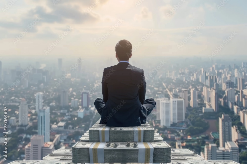 Rear view businessman sitting on top of money stairs with sunny sky cityscape background. Rear view businessman sitting on top of money stairs with sunny sky cityscape background.