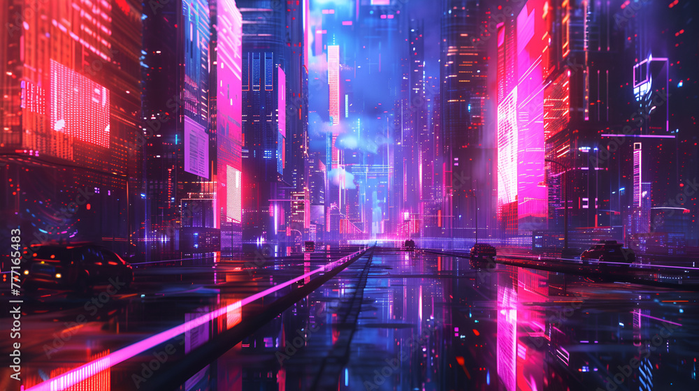 Futuristic city with city lights and neon lights ,Retro-Futuristic Techno Circuitry background. Immerse yourself in the vivid glow of  Magenta lines intricately weaving across a sleek 