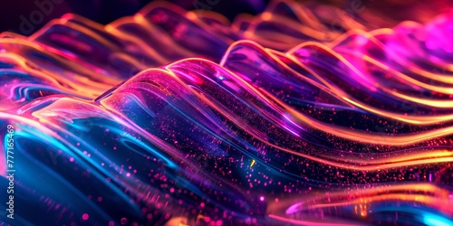 This image features an electrifying scene of glossy neon waves with flowing particles, resembling an abstract digital landscape