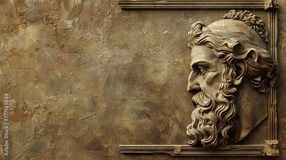 an ancient greek philosopher, carved in the wall, copy space, for philosophy quotes - obrazy, fototapety, plakaty 