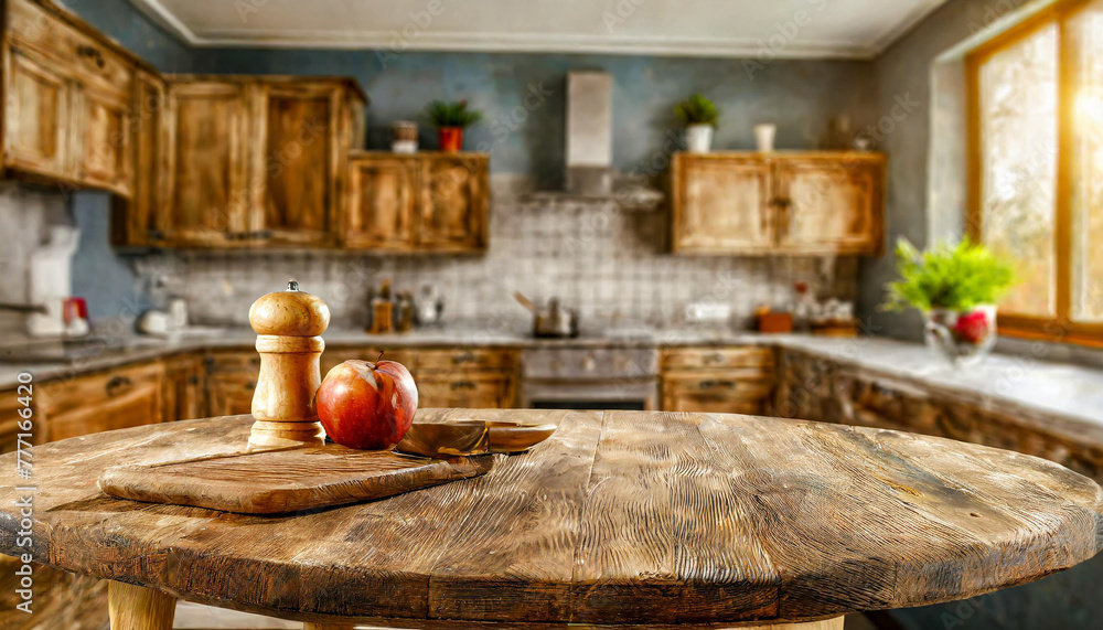 Wooden table surface with modern stove top on blurred background of modern kitchen interior with shelves with tableware