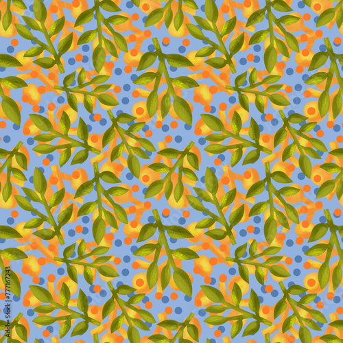 Digital seamless pattern with abstract flowers of bright orange and green colors.