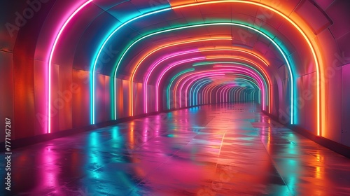 Colorful Neon Lines Tunnel with Orange, Pink and Green Swirls 3D Render