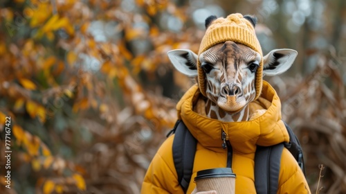 A giraffe wearing a yellow jacket and holding coffee, AI