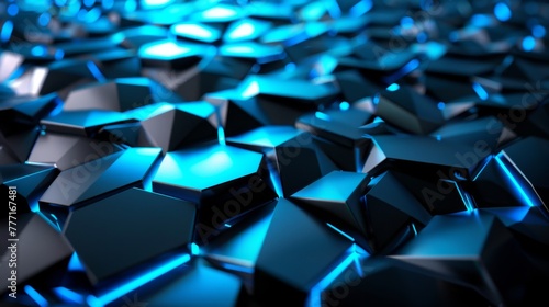 Futuristic technology wallpaper based on a 3D render of an abstract background with facets of metallic surfaces along with a blue neon light.