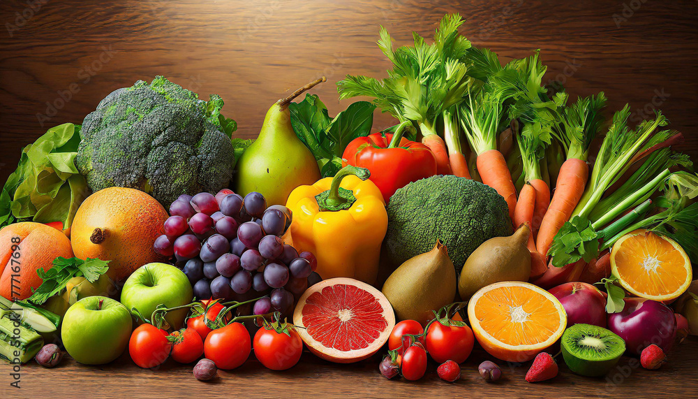 Top view different fresh fruits and vegetables organic on table top, Colorful various fresh vegetables for eating healthy and dieting Top view different fresh fruits and vegetables organic on table top, Colorful various fresh vegetables for eating healthy and dieting