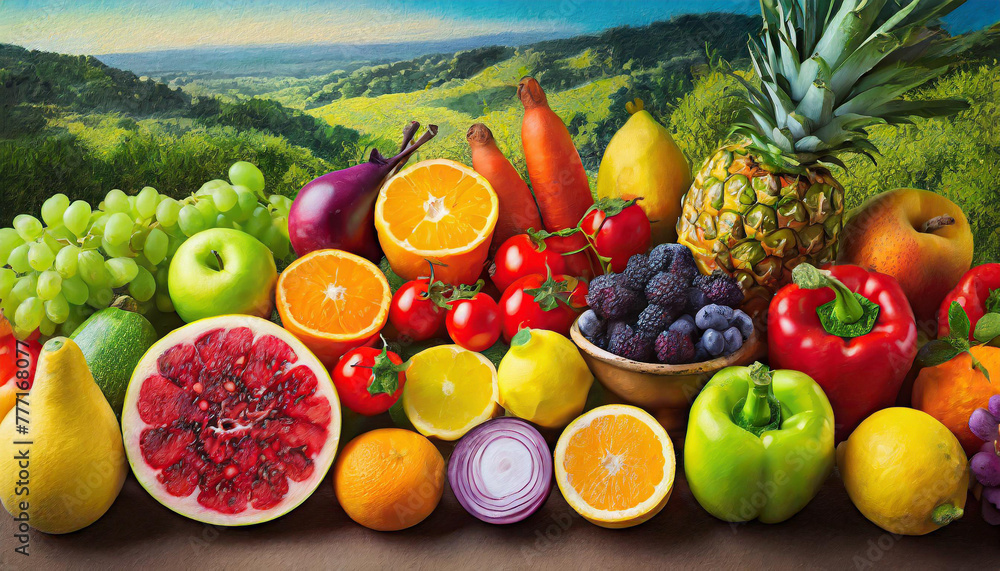 Top view different fresh fruits and vegetables organic on table top, Colorful various fresh vegetables for eating healthy and dieting - obrazy, fototapety, plakaty 