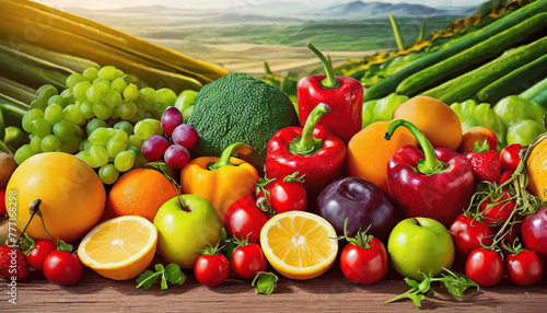 Top view different fresh fruits and vegetables organic on table top  Colorful various fresh vegetables for eating healthy and dieting