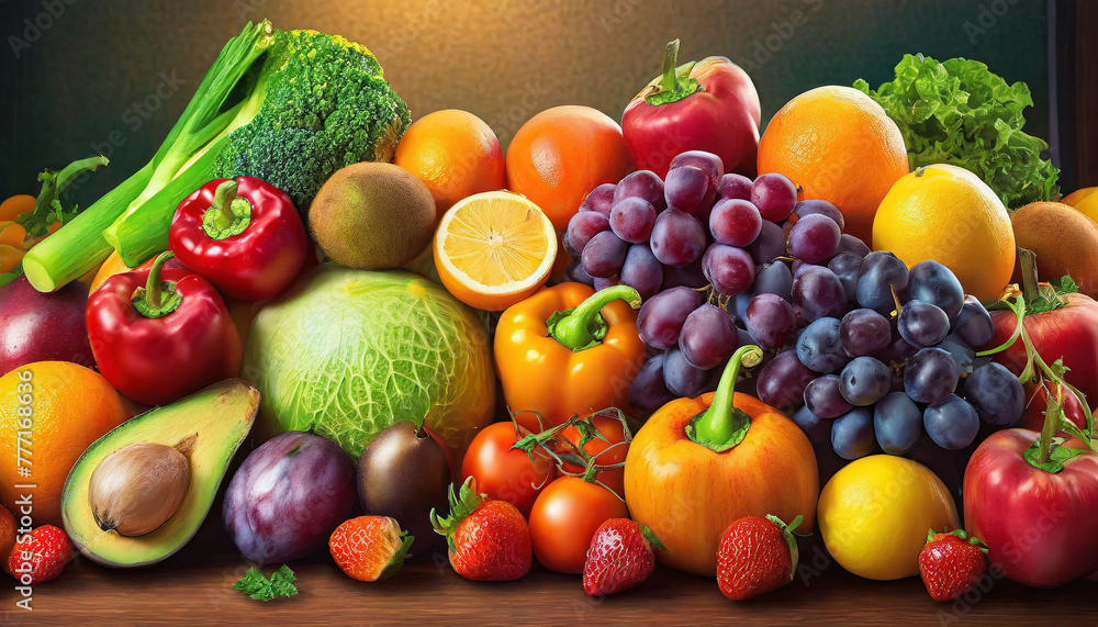Top view different fresh fruits and vegetables organic on table top, Colorful various fresh vegetables for eating healthy and dieting Top view different fresh fruits and vegetables organic on table top, Colorful various fresh vegetables for eating healthy and dieting