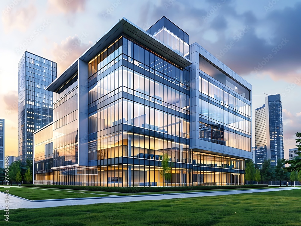 3D rendering of a modern office building exterior design, 