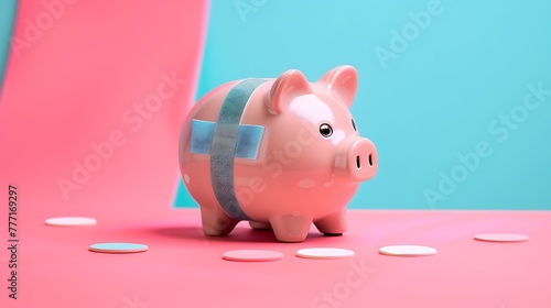 Piggy bank with a Band Aid on it on pink and blue background