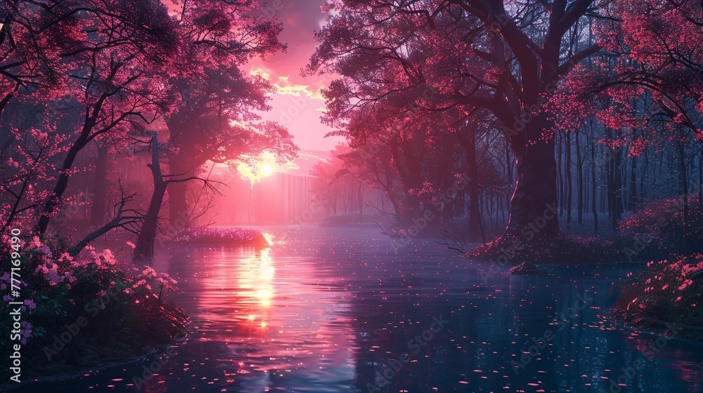 Serene Sunset A Tranquil Forest Scene Generative AI