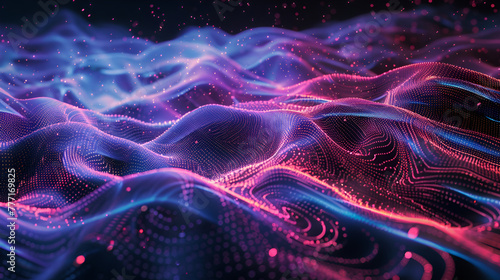Vibrant pink and blue neon wave lines  bokeh lights  data transfer concept on futuristic wallpaper  A vibrant and dynamic wave of brilliant colors emerges from a velvety black background