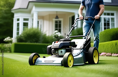 A man mows a green lawn with a lawn mower against the background of a house. Home gardening