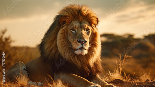 Majestic lion resting in the golden savannah. © CREATER CENTER